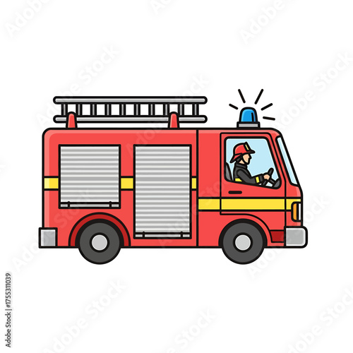 Wallpaper Mural A cartoon illustration of a red fire truck with a firefighter driving. Torontodigital.ca