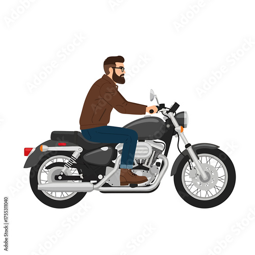 A man with a beard rides a black motorcycle, side view.