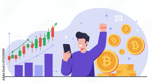 A joyful man celebrates successful cryptocurrency investments while checking his mobile phone, with a rising stock chart and Bitcoin coins.