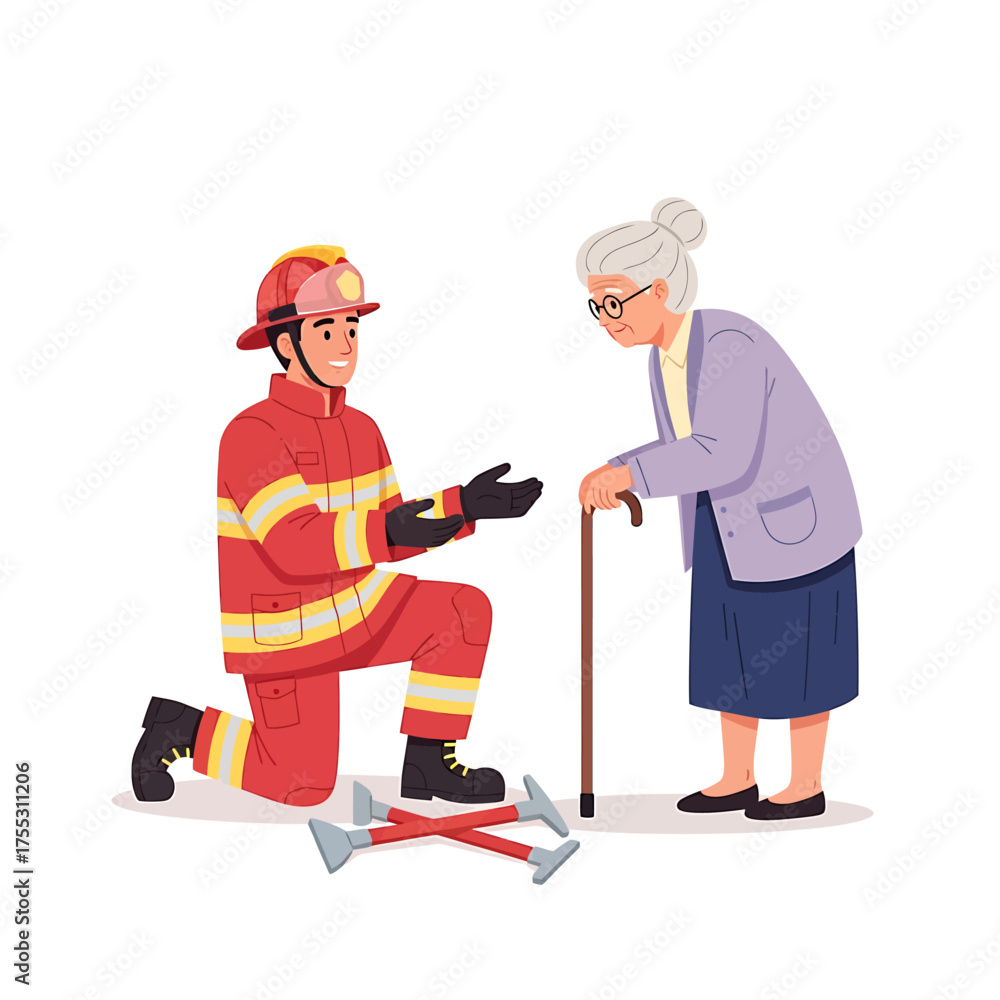 Fototapeta premium Firefighter kneels offering help to an elderly woman with a cane, showing compassion and support.