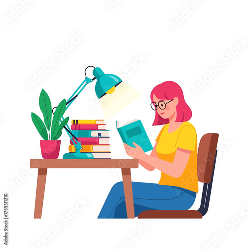 A woman with pink hair sits at a desk reading a book under a lamp, with a plant and stack of books nearby.