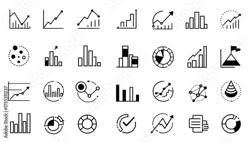 A collection of vector graphics featuring financial charts, graphs, and data visualizations, perfect for illustrating stock market analysis, business reports, and financial presentations, available