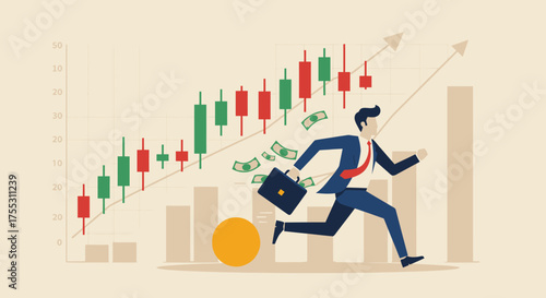 A determined businessman runs towards financial success as the stock market rises, showcasing growth and opportunity in a dynamic vector illustration.