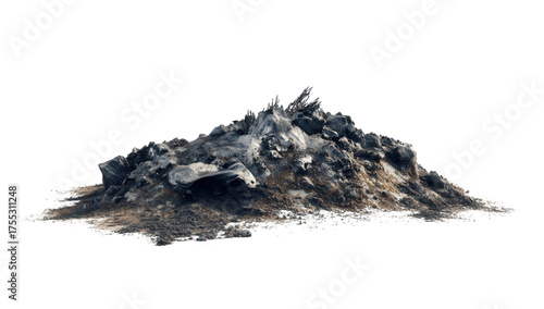A desolate pile of ash and debris, symbolizing destruction and the aftermath of fire, isolated on transparent background, conveying a sense of loss
