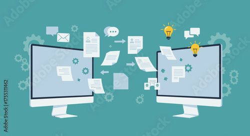 Digital data transfer between two computers illustrating information sharing and online communication with abstract elements.