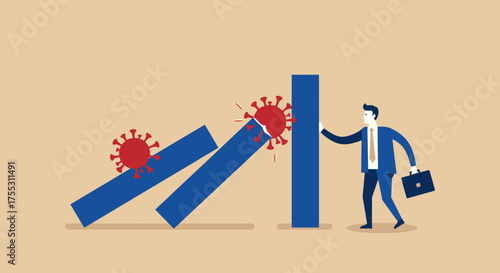 A determined businessman attempts to prevent a catastrophic economic collapse, symbolized by falling dominoes impacted by a viral outbreak, illustrating a global financial crisis.