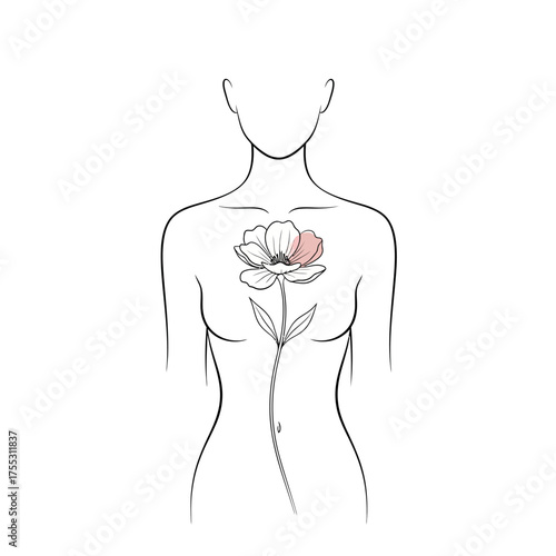 Vector art of minimalist line drawing of a female torso with a stylized flower blooming from the chest