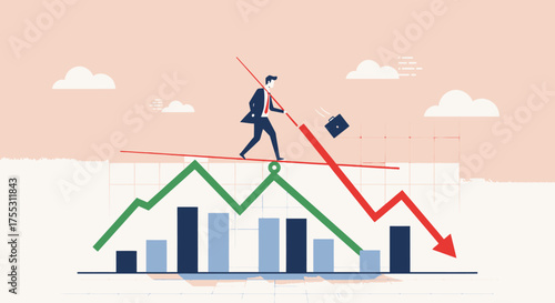 A determined businessman precariously balances on a volatile financial graph, illustrating market instability and economic downturn with a sharp red arrow.