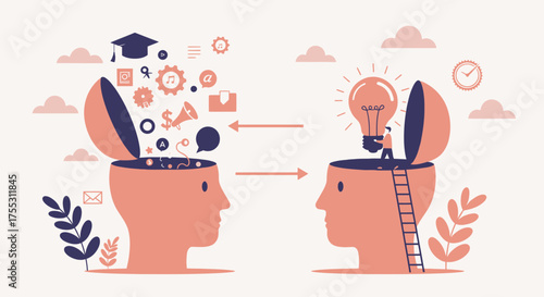 A vector illustration depicts the exchange of knowledge and ideas between two human heads, symbolizing learning, education, and the transfer of information in a creative and visually engaging manner.