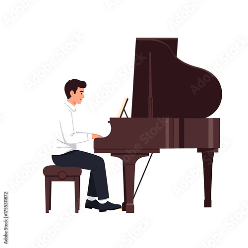 A man in a white shirt and dark pants plays a grand piano while seated on a stool.