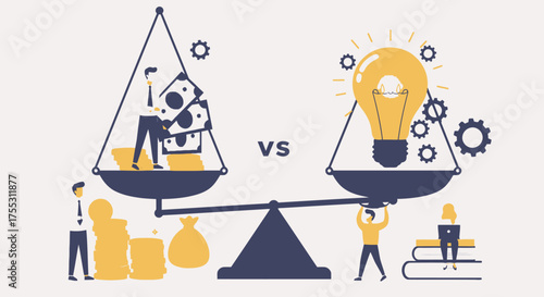 A vector illustration depicts the balance between financial capital and innovative ideas, symbolizing investment in intellectual property on the stock exchange.