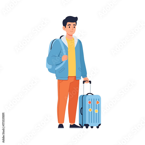 Cartoon illustration of a young man with a backpack and suitcase, ready for travel.