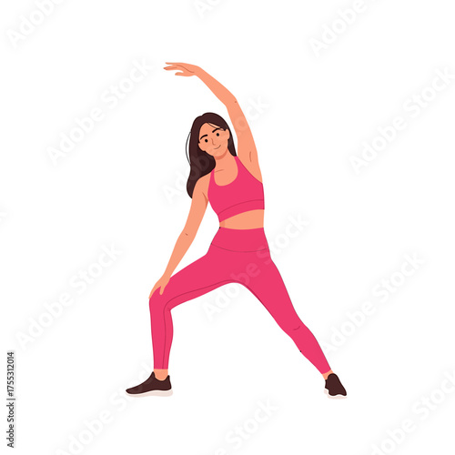 Woman in pink activewear performing a side stretch exercise with arm raised, isolated on white background.