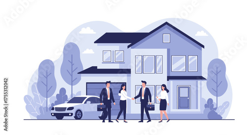 Vector illustration showing a real estate transaction with people shaking hands in front of a house and a car, demonstrating property ownership transfer.