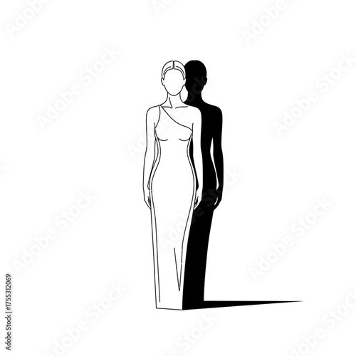 Vector art of minimalist line art illustration of a woman in a long dress with a prominent shadow, symbolizing duality, identity, or hidden aspects