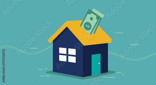 A stylized vector graphic depicts a dark blue house with a yellow roof, symbolizing a stock exchange house where money is deposited.