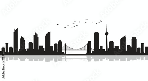 A striking black and white vector illustration of a cityscape with iconic buildings, a bridge, and a television tower, set against a clean, minimalist background, perfect for design.