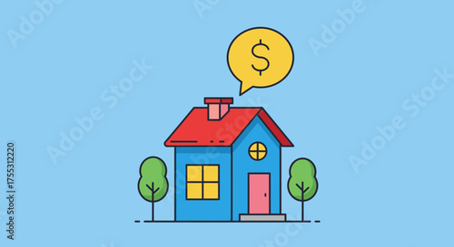 A vector illustration depicts a house with a speech bubble containing a dollar sign, symbolizing real estate investment and financial opportunity in housing market.