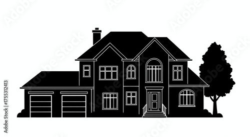 Elegant black silhouette vector illustration of a modern two-story family home featuring a spacious garage and a single tree.