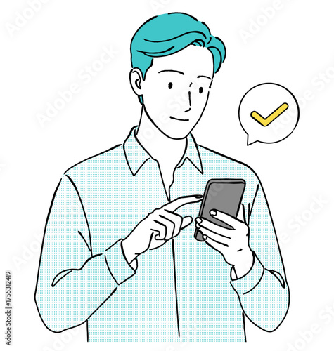スマートフォンを操作する男性の線画イラスト,承認済み,チェックマーク,オンライン,確認完了