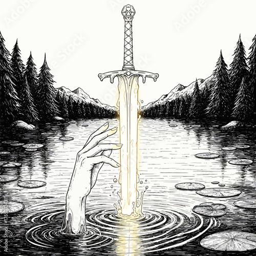 Vector art of epic fantasy illustration of a hand emerging from a mystical lake, grasping the legendary sword in the stone, surrounded by a dark forest and majestic mountains, evoking myth and destiny
