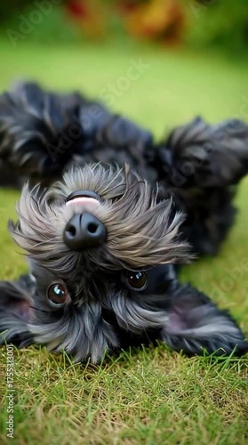 black miniature schnauzer playful happy dog rolling on the lawn in garden
