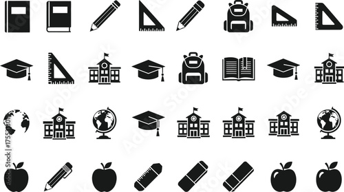 Collection of school and education icons including books pencils rulers backpacks graduation caps and globes isolated on transparent background