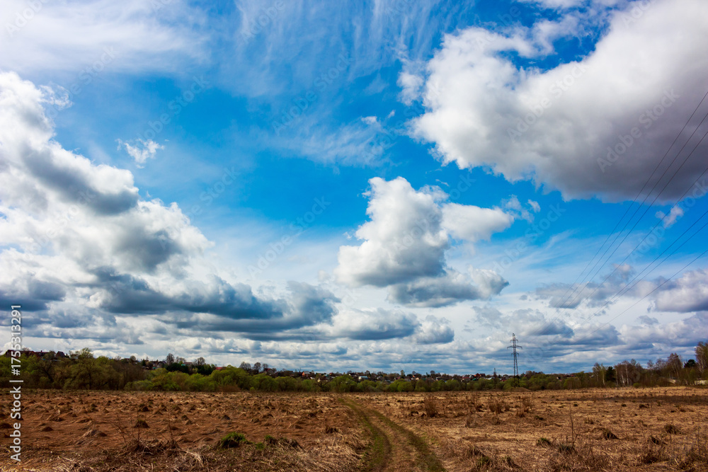 Fototapeta premium Wide open blue heavens, adorned with voluminous, dynamic clouds. A parched field with a track extends towards distant greenery and dwellings