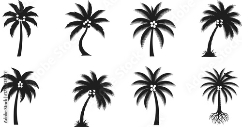 Set of eight black palm tree silhouettes with coconuts in varied shapes and postures for tropical, botanical, or design use