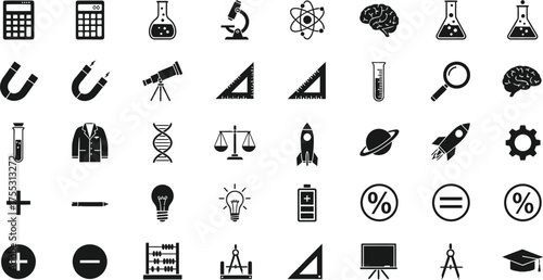 Collection of science and education icons including math tools and laboratory equipment isolated on transparent background