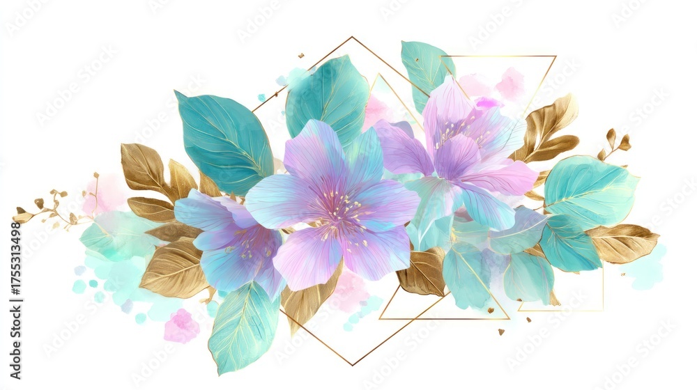 Fototapeta premium A vibrant floral arrangement with turquoise and purple flowers, surrounded by green leaves and golden geometric shapes, set against a white background with a subtle gold frame.