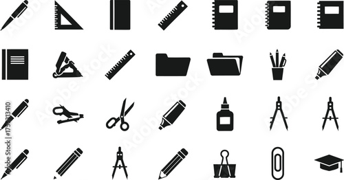 Collection of various stationery and school supplies icons in silhouette isolated on transparent background
