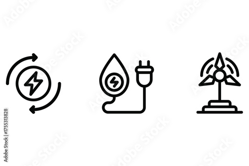 Eco Energy Icon Set – Renewable Energy, Water Energy, and Wind Turbine