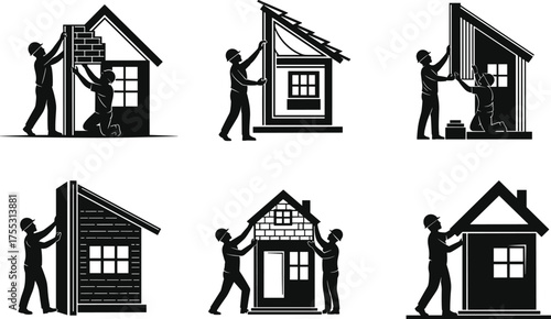 Set of six house construction illustrations showing workers installing bricks, siding, panels, and finishing tasks in residential building