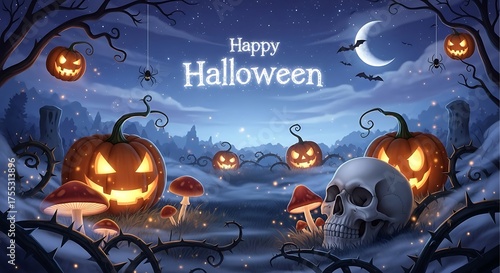 A mysterious Halloween scene illustrated in a magical twilight garden filled with enchanted pumpkins, one of which has a flickering face carved into it.