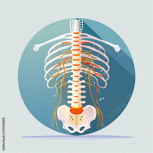 Anatomical illustration of the human spine, rib cage, and nervous system.