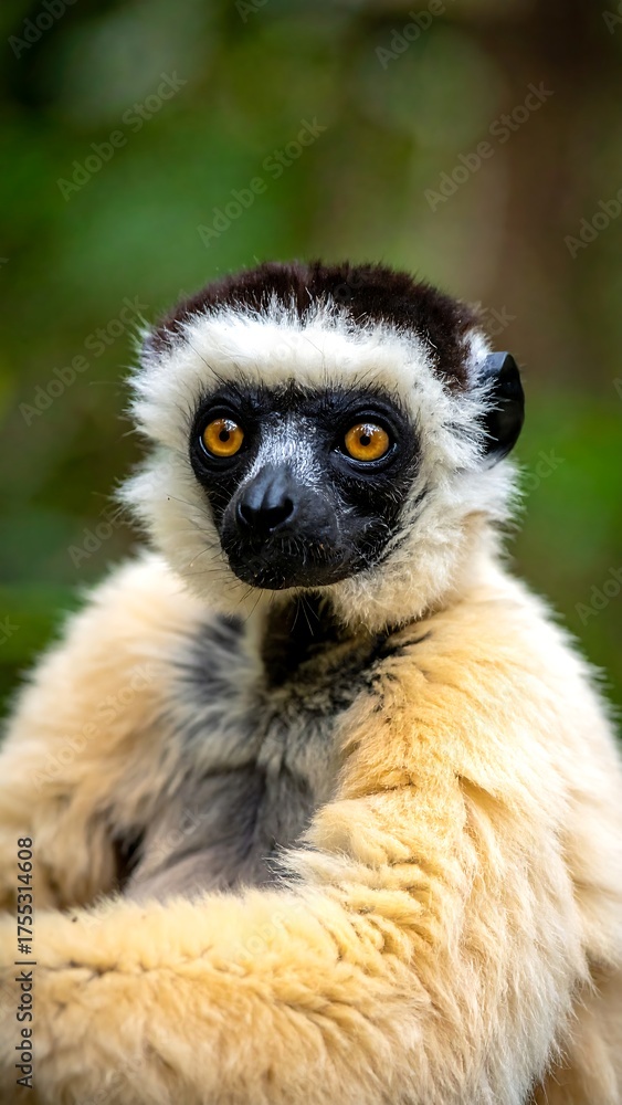 Fototapeta premium Portrait of a lemur with expressive amber eyes, against a blurry natural background