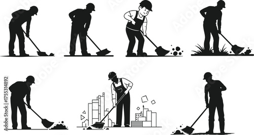 Shoveling worker silhouettes, manual labor scenes, dirt and vegetation tasks, black vector illustrations, construction effort, posture variations, outdoor work environments