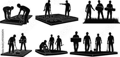 Silhouettes of construction workers performing various tasks on site, teamwork and tools in black vector illustration on white background