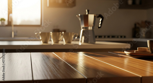 Warm morning light illuminates a wooden kitchen counter with coffee maker and cups.