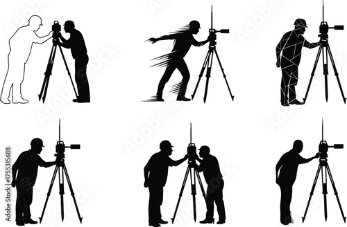 Silhouettes of land surveyors using tripod-mounted instruments in various poses representing geodetic work, mapping, and construction surveying