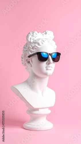 A close-up of a classical bust statue wearing stylish sunglasses, showcasing intricate facial details and a playful modern twist to the timeless art piece.