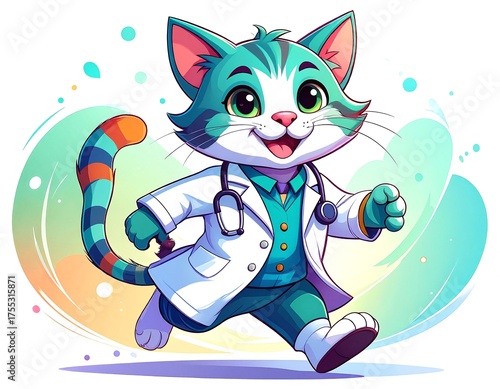 A playful cartoon cat dressed in a white doctor's coat and stethoscope, energetically running with a cheerful expression, ready to help patients.