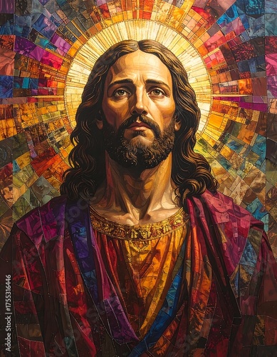 Portrait of a man with a beard and long hair, surrounded by a mosaic halo