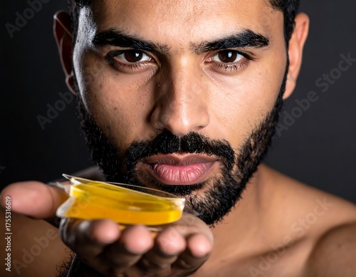 Portrait of a man with beard holding golden liquid, dark background, eye contact
