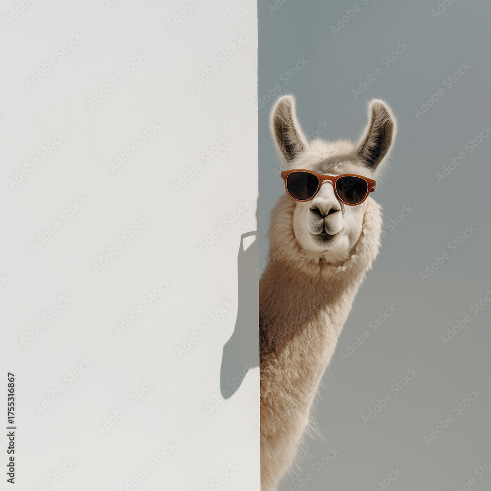 Fototapeta premium Llama with sunglasses peeking out of a white wall, a humorous animal concept, minimalist stock photo.
