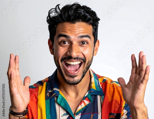 Portrait of a man with dark hair and a bright, patterned shirt, arms raised, expression of joy