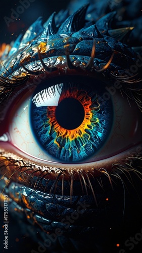 A striking close-up of a human eye, with vibrant flames erupting from the iris, creating a dramatic contrast of colors and intense emotion.