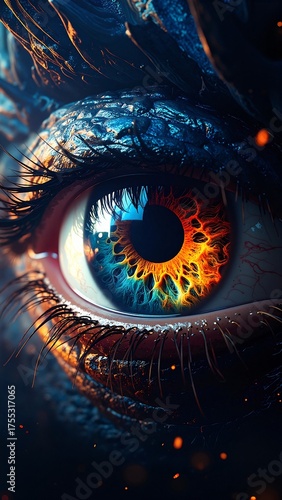 A striking close-up of a human eye, featuring vibrant flames dancing within the pupil, creating a captivating contrast against the iris.