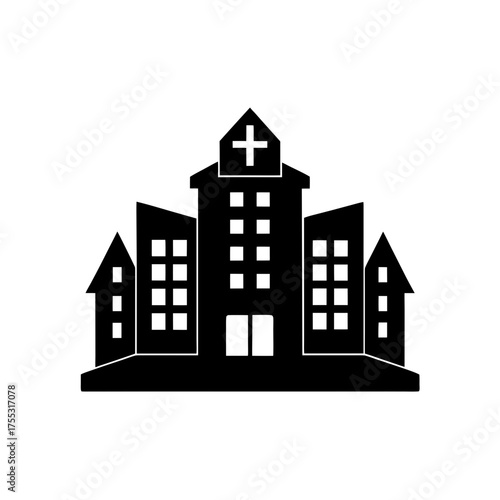 Black hospital silhouette on transparent background